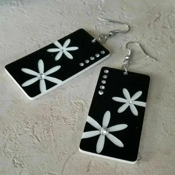 60s Retro Flower Lucite Swarovski Crystal Earrings - Picture 1 of 6